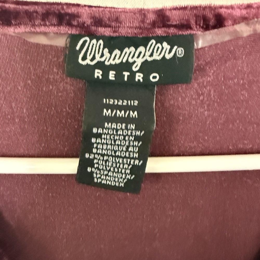 Wrangler Retro Womens Medium Burgundy Balloon Sleeve V-Neck Wrap Velvet Blouse - Picture 6 of 8